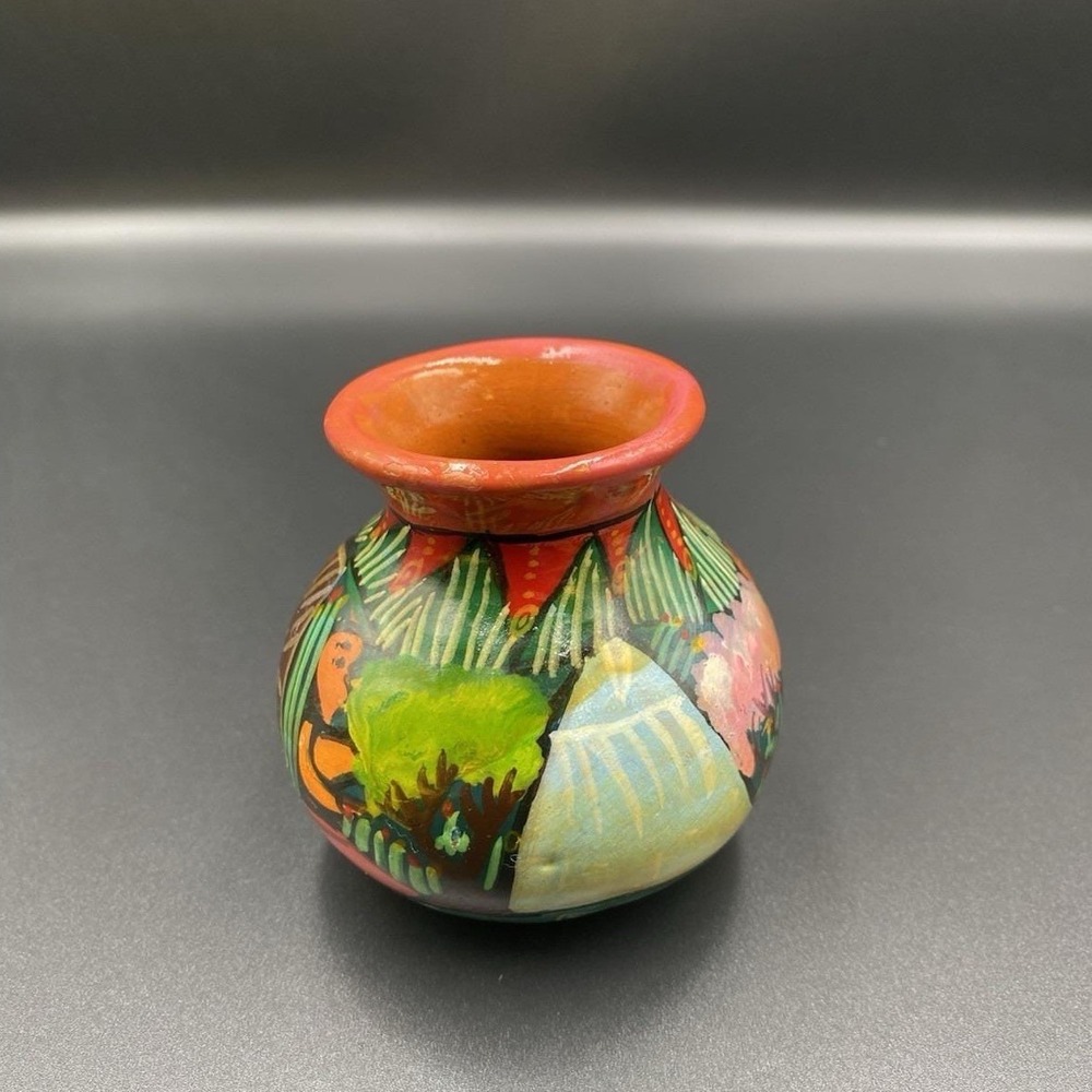 Terra Cotta Vase Mexican Folk-Art Pottery Guerrero Style Hand-Painted Village 3"